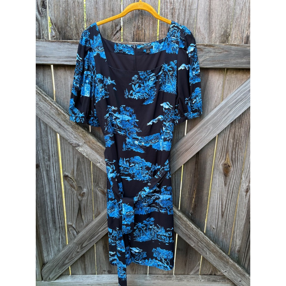 Ann Taylor Petite Blue Black Toile Tropical Puff Sleeve Sheath Dress 10P